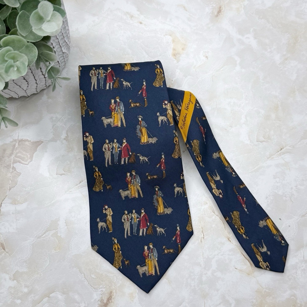 Salvatore‎ Ferragamo Navy Silk Tie Dog Walker 3 5/8" - 57"